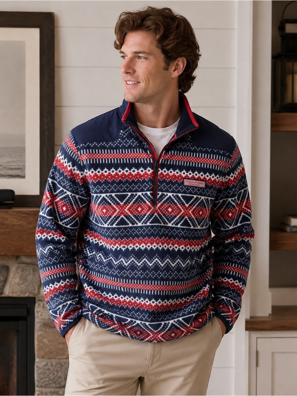 Men’s L Fair Isle Nordic Fleece Quarter Zip Pullover Navy Red Vineyard Vines